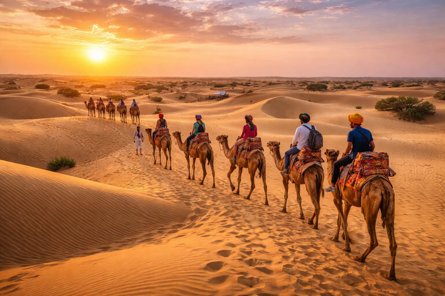 Camel safari across the dunes
